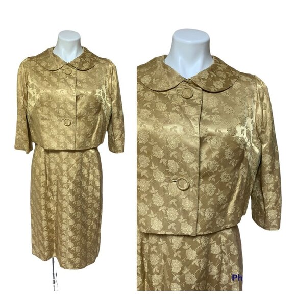 Vintage 1950s Women's Dress Set Gold Brocade Satin Roses 2 Piece Medium - Picture 6 of 13